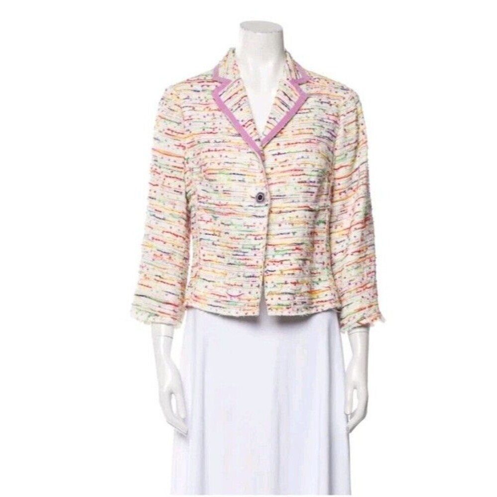 Tibi Multicolor Tweed Cropped Blazer with Pink Trim